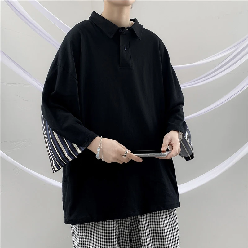 

Summer Korean Short Sleeve Men Polo T Shirts High Street Loose Spliced Striped Fashion All-match Oversized Clothing Black White