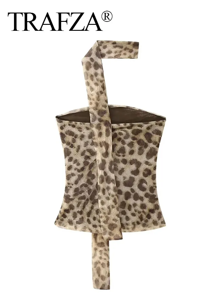 HH Women's 2024 Summer Sexy Halterneck Off-Shoulder Tube Fashion Sleeveless Leopard Print Vintage Y2K Tulle Causal Chic Tops