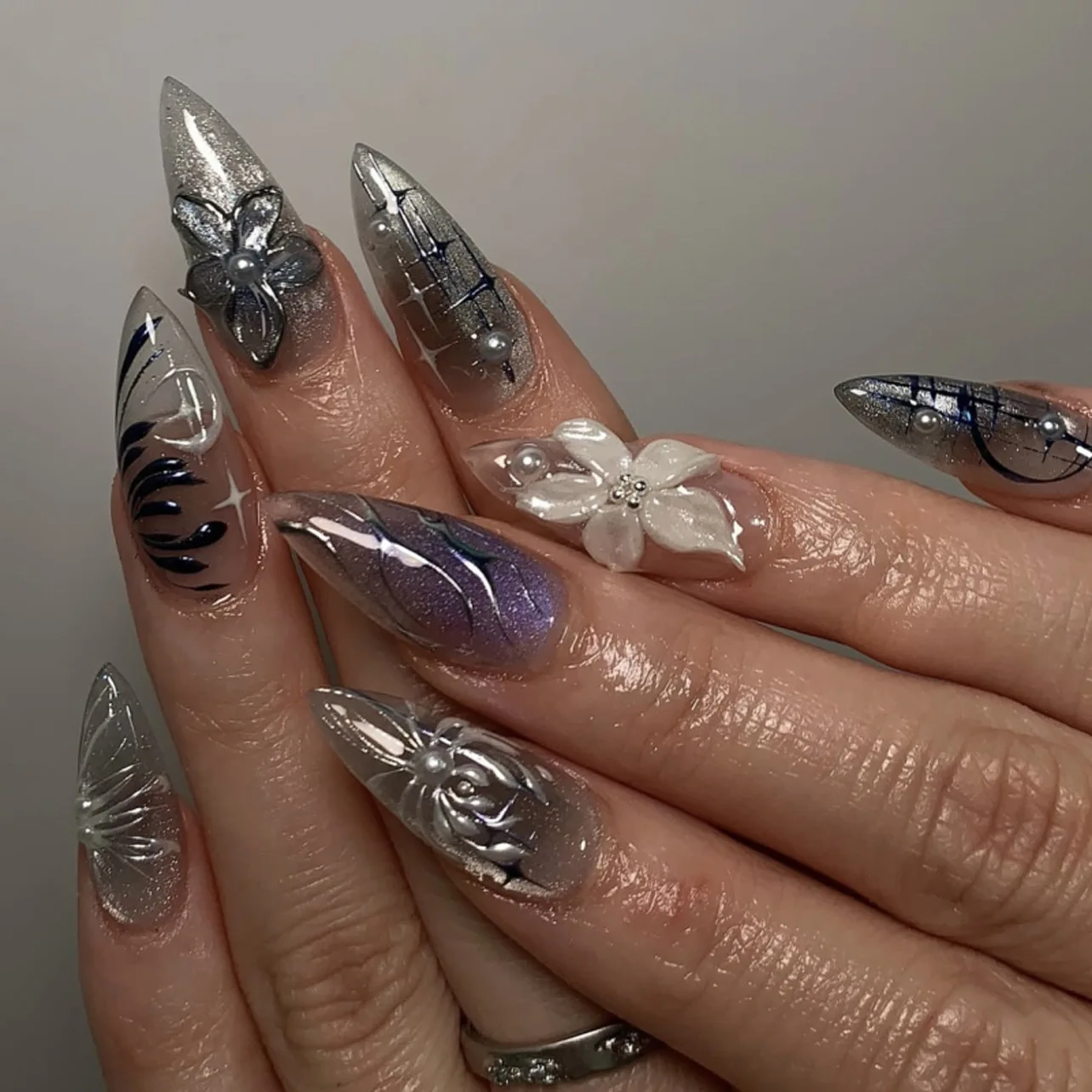 24PCS Pink Almond Press-On Nails with 3D Floral Design and Golden Pearl Accent