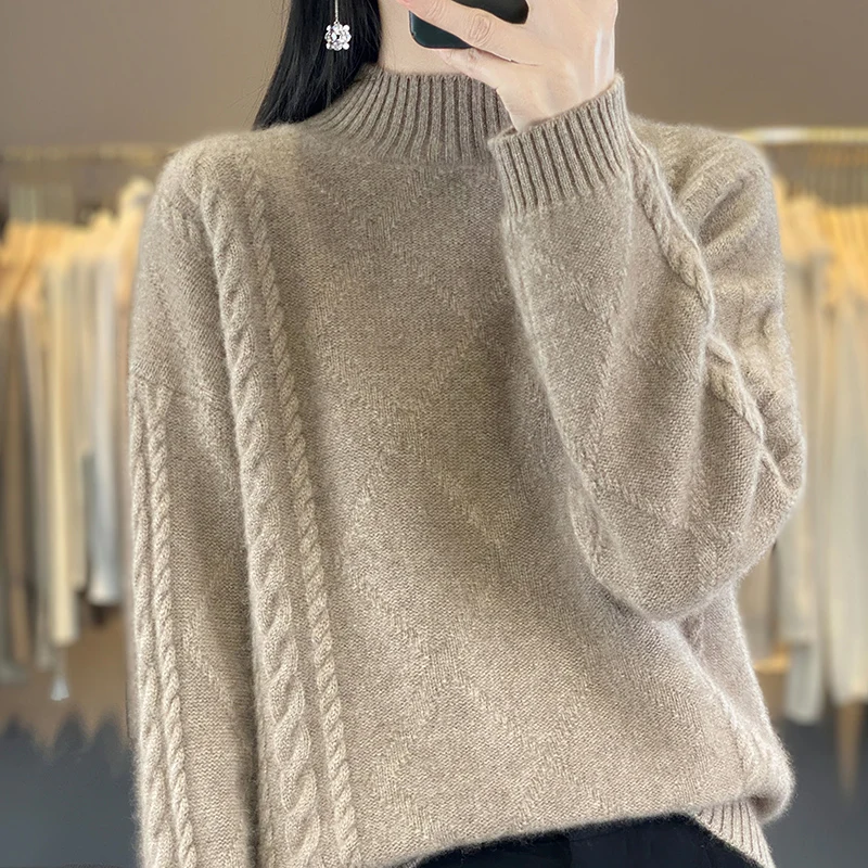 

M-XXL eisure pullover 100% pure wool sweater for women's knitted long sleeved half high collar autumn and winter new sweater
