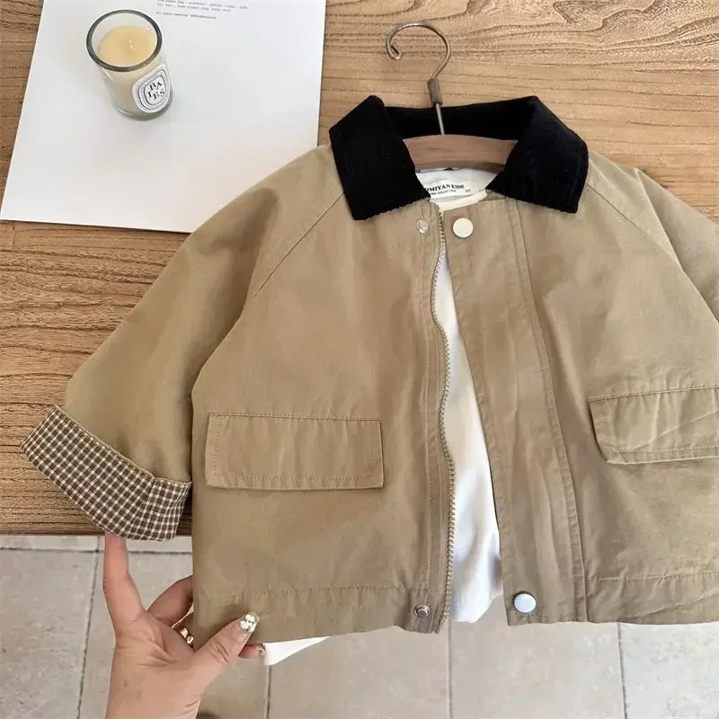 Trench Outerwear Turn-down Collar Zipper Full Sleeve Spring Cotton Simple Clean Fashion Casual Comfortable Kid Unisex kids jacket girls trench coats