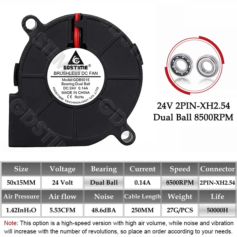 Gdstime 5015 Blower Fan 24V 12V 5V 50MMx15MM Turbine Radial Fan 5015 Dual Ball High Speed Cooler for 3D Printer Parts Cooling image 17