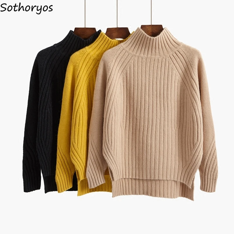 

Pullovers Women Winter Warm Mock Neck Sweaters Solid Knitted All-match Elegant Tender Classic Basic Female Split Knitwear Jumper