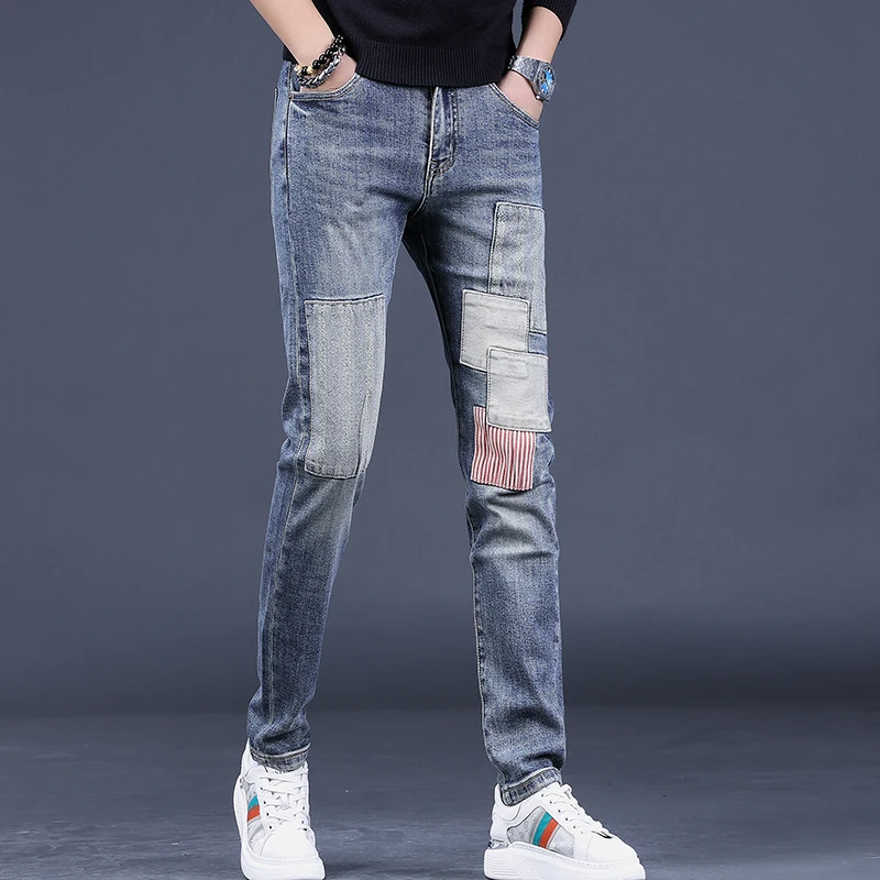 Fashion Striped Patchwork Jeans Men Autumn Casual Blue Slim Fit Straight Leg Denim Pants