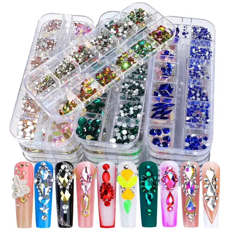 12Grids Round Rhinestones Mixed Shape Size Adhesive Nail Charms Flatback Crystals Jewelry Nail Decoration Glue On Glass Beads