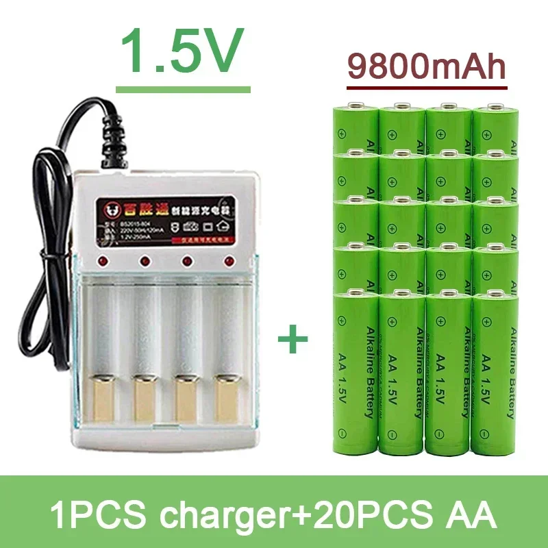 

1.5V AA 9800mAh Alkaline Rechargeable Battery with Charger for TV Remote Control Alarm Clock Flashlight Remote Control Toy, Etc