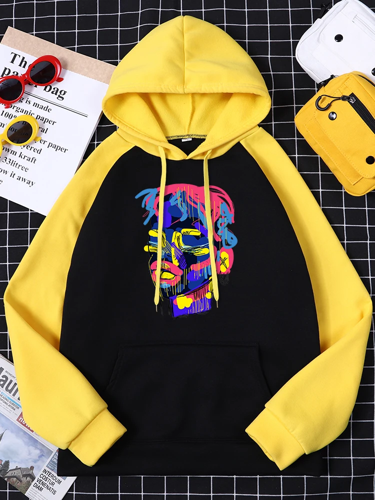

Y2k Style Colorful Doodle Faces Women Print Womans Raglan Hoodies Creativity Fashion Soft Pullover O-Neck Hip Hop Female Clothes