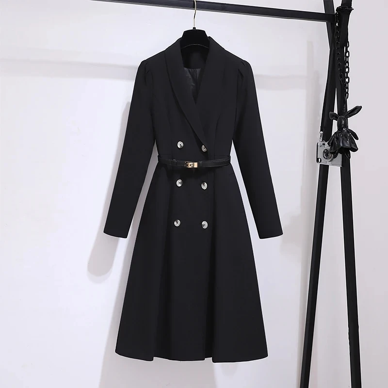 Women's Dress Double Breasted Elegant Dresses for Women 2025 Autumn Off white Dress Belt Knee-Length Solid Fashion Woman Clothes