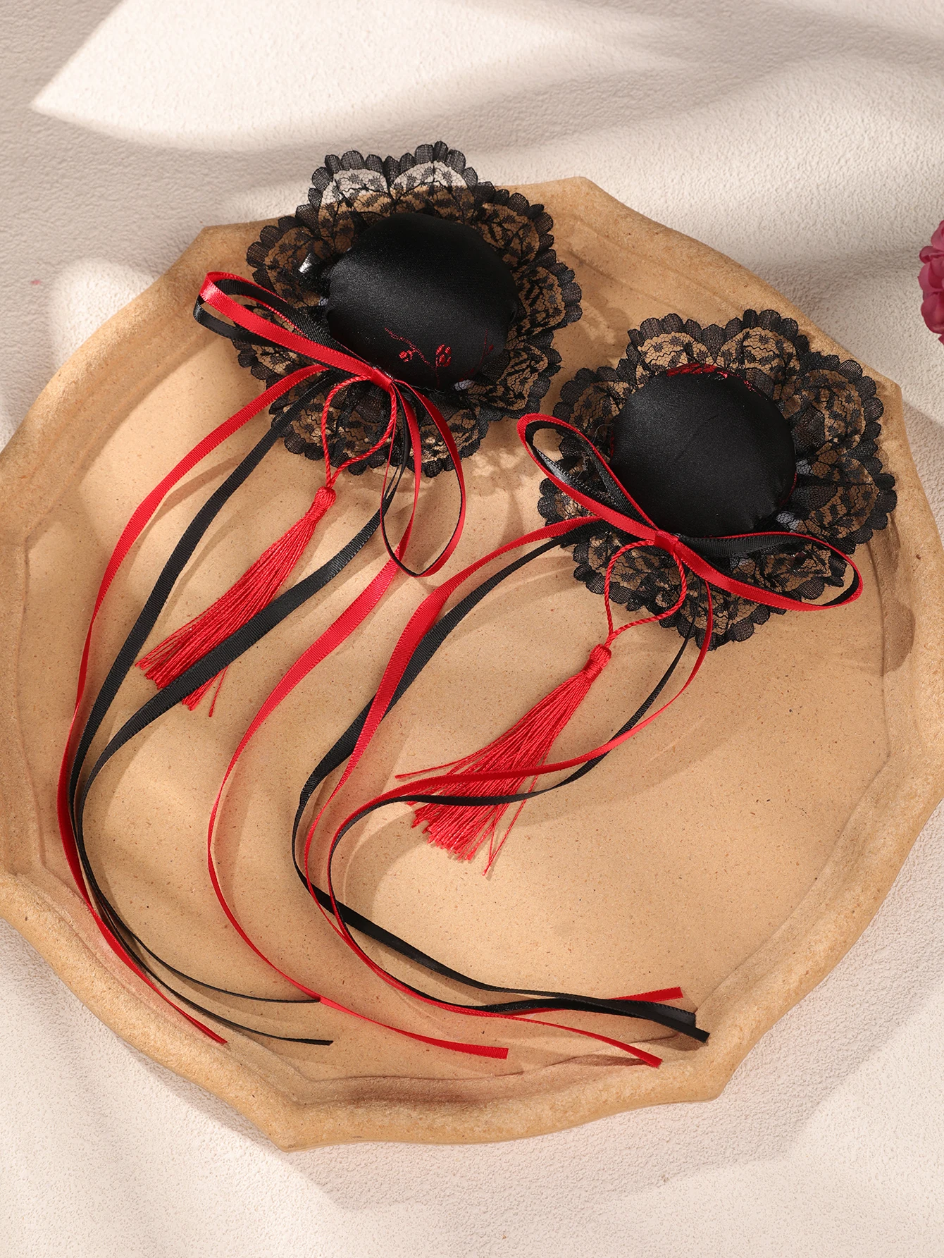 Dunkle chinesische Haarspange im Rot-Schwarz-Kontrast, Spitzenquasten-Haaraccessoire, das das Gesicht kleiner wirken lässt, Hanfu Cheongsam Gothic Style Cos Bun Haaraccessoire