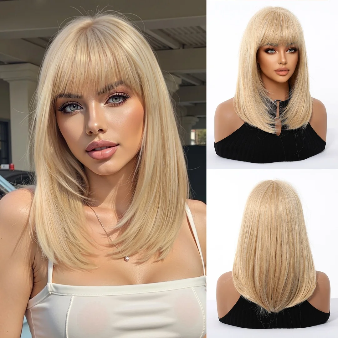 Schulterlange synthetische dunkelbraune Perücke, lange gerade Perücken für Frauen, Haarperücke mit Pony, hitzebeständig, für Party, Alltag, natürlicher Gebrauch – Detail 11
