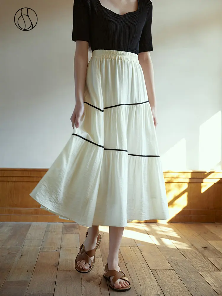 

DUSHU Romantic A-line Cake Skirt for Women Korean Version Versatile Elastic Waist Summer New Medium Length Skirt Female