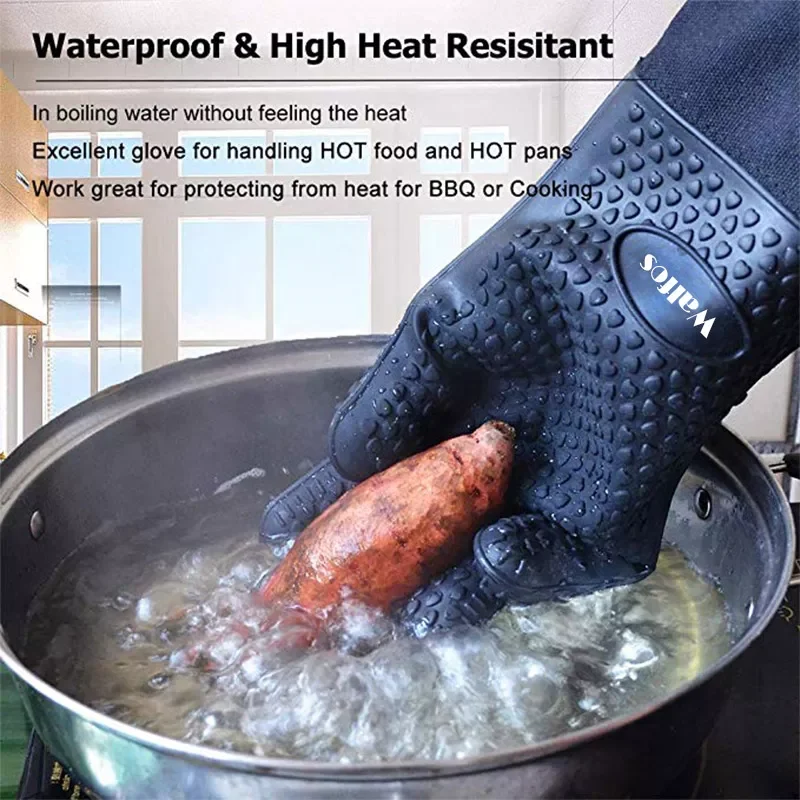 Walfos 1 Piece Long Silicone Kitchen Gloves Grill Gloves Heat Resistant Cooking For Grilling Microwave Oven Mitts