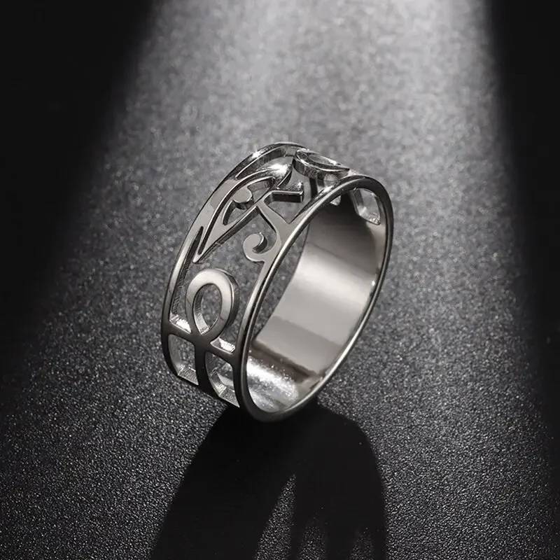 YILUOCD Stainless Steel Ancient Egypt Ra Udjat Ring Eye Of Horus Ankh Cross Ring for Women Protection Amulet Egyptian Jewelry 5