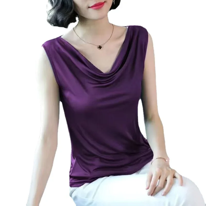 S-5XL Women Ice Silk Shirt Heaps Collar  Sleeveless Tank Tops Summer Vests Solid Soft Slim Stretchy Tshirts Tops For Woman