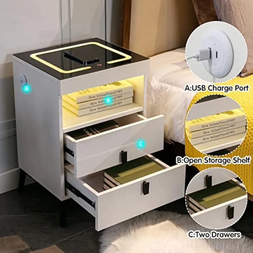 Nightstand Wireless Charging Station & USB Type C Ports, Minimalist Night Stand with LED Light 3 Colors & Adjustable Brightness
