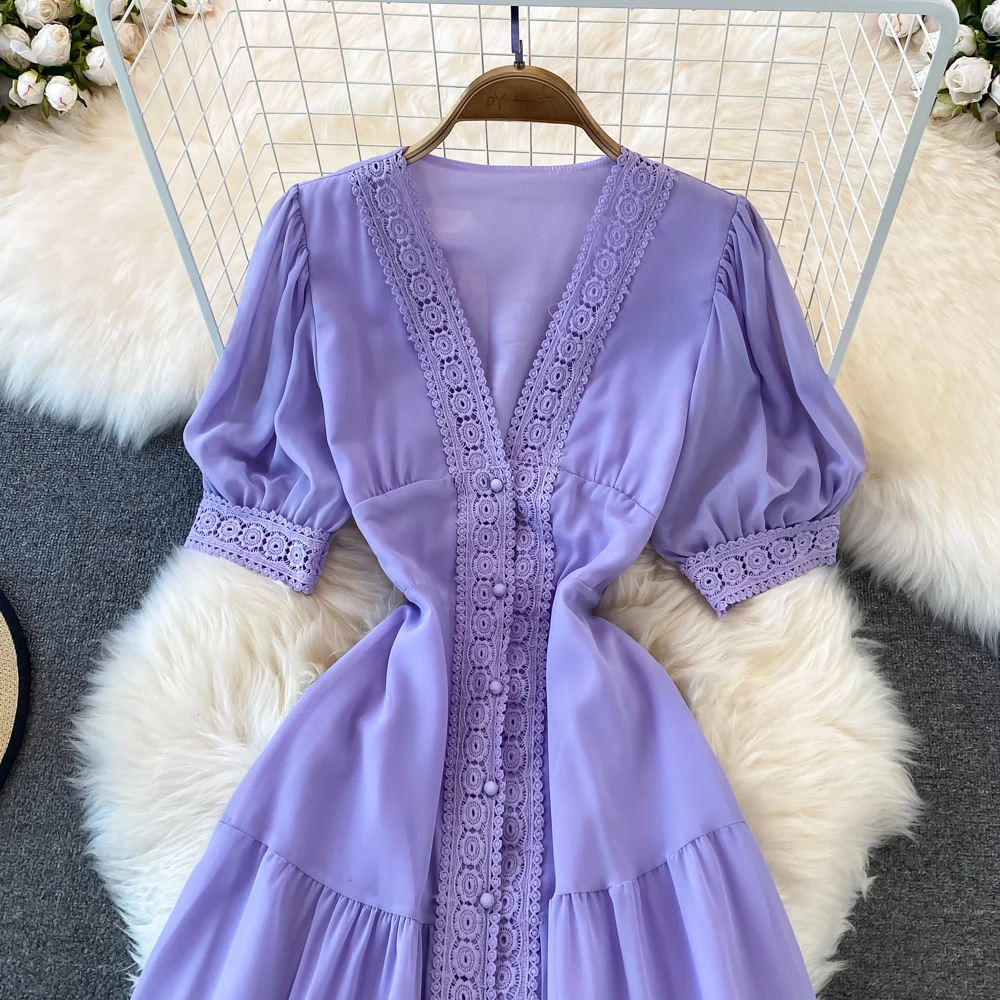 New Women Vintage Party Dress Summer Puff Sleeve Sexy V Neck Lace Single-breasted Long Dresses Ladies A Line Elegant Long Robe