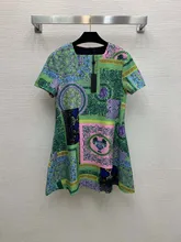  2022 Spring Summer Women's High Quality Floral Print Vintage Green Short Sleeves Dress F135 