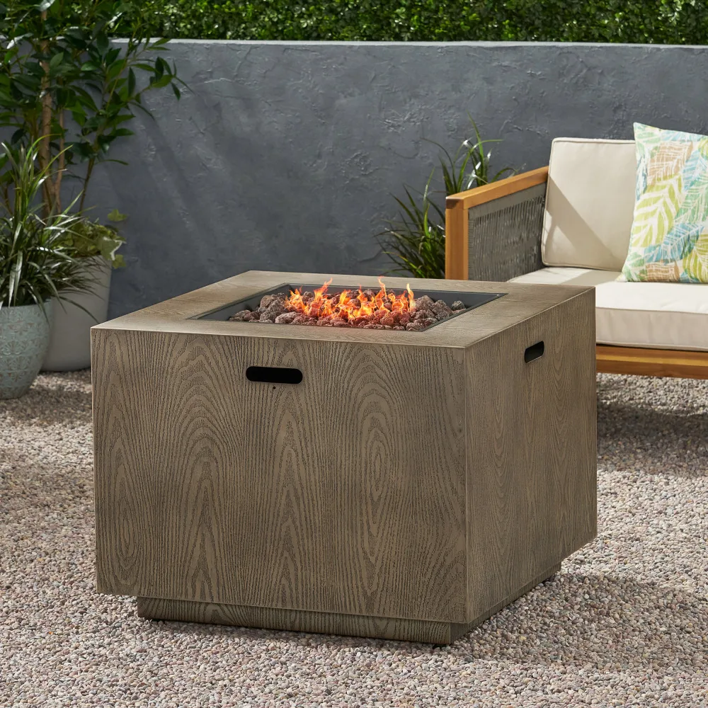 Outdoor Patio Gas Burning Fire Pit-50, 000 BTU Tank Inside, Square, Iron Wood Pattern, Brown