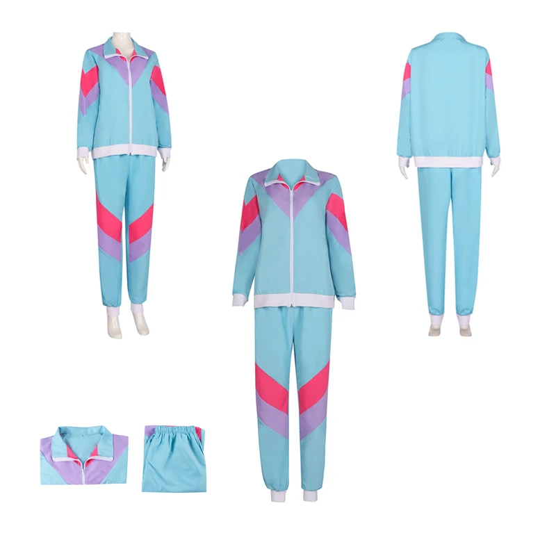 

Female Retro Hippie Disco Cosplay Sportswear Costume Women 80S Hip Hop Blue Jacket Coat Pants Outfits Halloween Party Suit