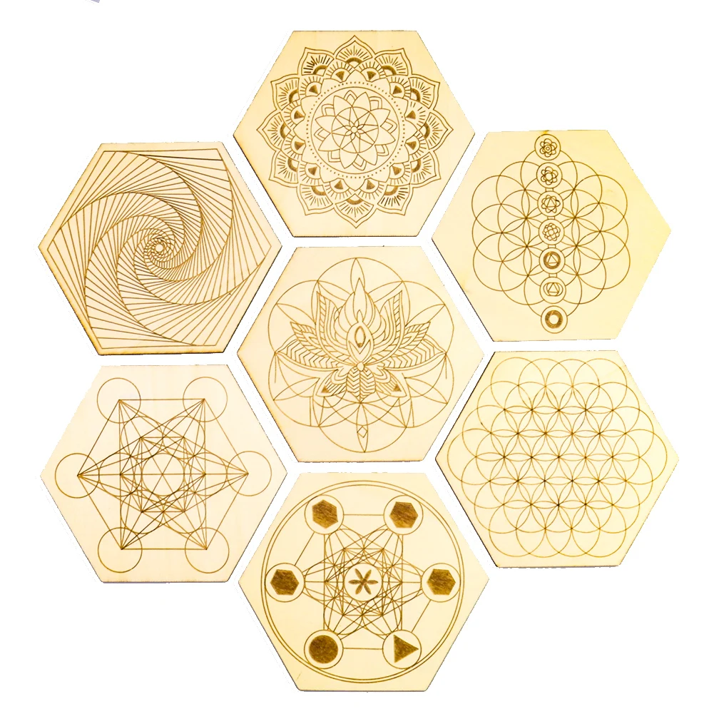 5pcs Wood chakela Crystal Plate Energy Stone Stand Wooden Metatron Hexagon Yoga Meditation Crystal Support Flower of Life Board 7 chakras wooden crystal pendulum board lotus energy stone base yoga meditation altar wicca witchcraft supplies decorative board