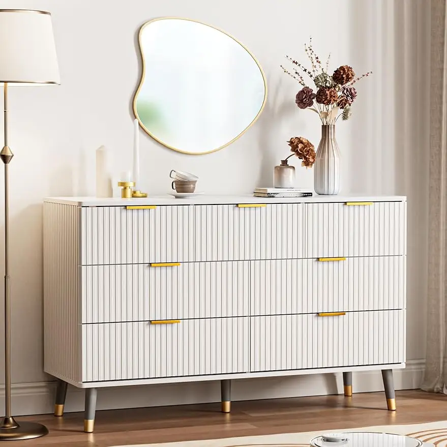 

Modern Dresser for Bedroom,Fluted 7/6 Drawer Dresser w/ Curved Profile Design & Gold Handle,Stable,Durable,Textured(White/Black)