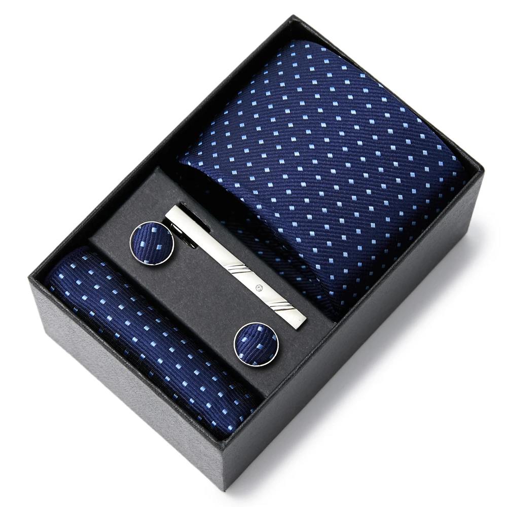 

Dropshipping Luxury 7.5 cm Silk Tie Hanky Pocket Squares Cufflink Set Necktie Box Male Polka dot Brown April Fool's Day