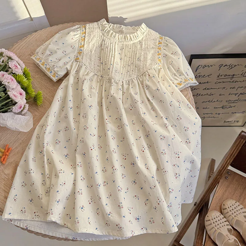 فستان حفلات بناتي صيفي جديد لعام 2025 بأكمام قصيرة من القطن مطبوع عليه زهور فساتين أميرات للأطفال ملابس أطفال