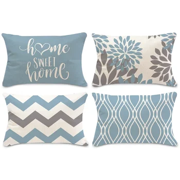 Lake Blue & White Geometric Linen Pillowcase – Customizable Sofa Cushion Cover 1