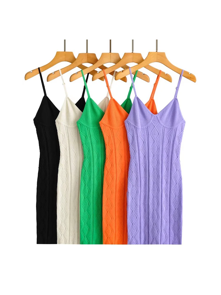 

Women Rhombus Knitted Camisole Dress Summer Sleeveless Backless Elastic Slim V-neck Mini Dresses 2022