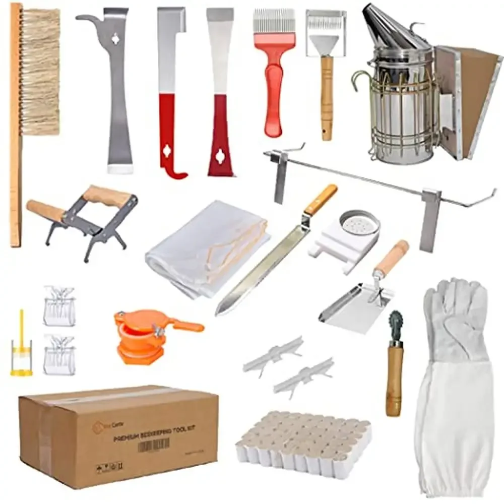 Complete Beekeeping Starter Kit with Premium Tools and Free Size Protective Suit 8-Frame Beehive Dipped in Beeswax and