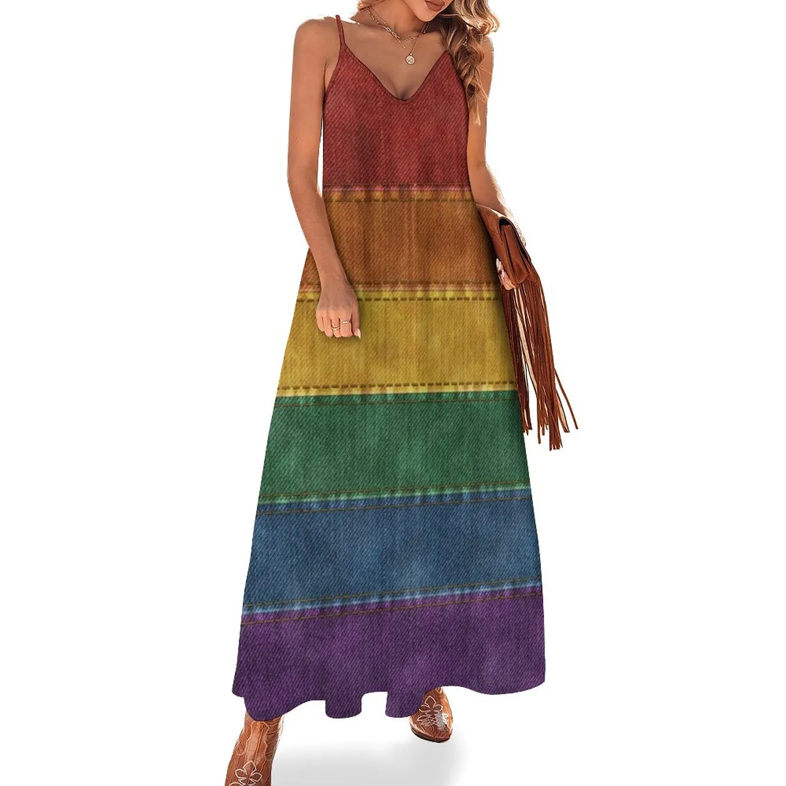 

Denim Textured Seamless LGBTQ Pride Rainbow Flag Background Sleeveless Dress elegant and pretty women's dresses