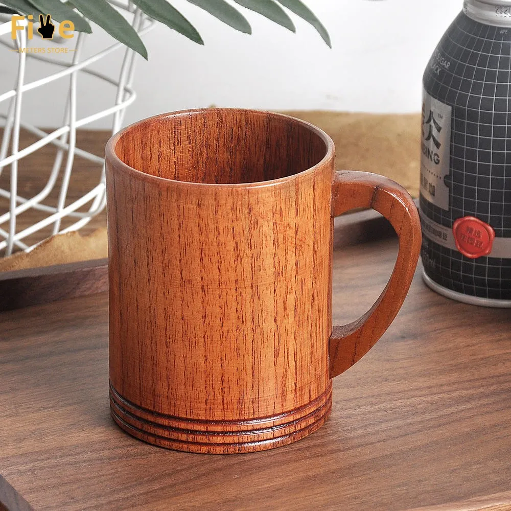 

280ml Large Wooden Cups With Handle Chinese Style Wood Mug Coffee Milk Wine Beer Mug Barrel Beer Cup Drinking Tumbler Drinkware