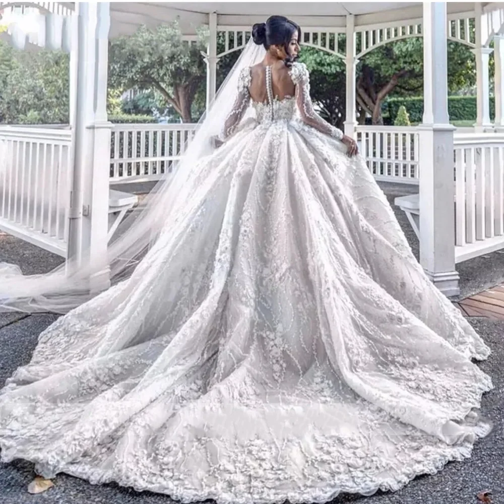 Customzied Vintage Full Lace Wedding Dresses Arabic 3D Floral Illusion Long Sleeves Bridal Gowns V Neck Vestidos wedding dresses