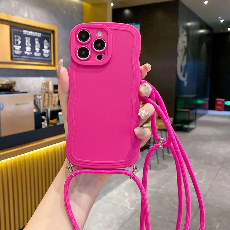 Stylish Wave Edge Lanyard Shockproof Phone Case with Soft Back Cover