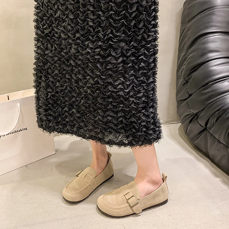 Aphixta Khaki Classic Flats Shoes Women Cotton Fabric Buckle Loafers Shoes Slip On Woman Flat With Student Footwear