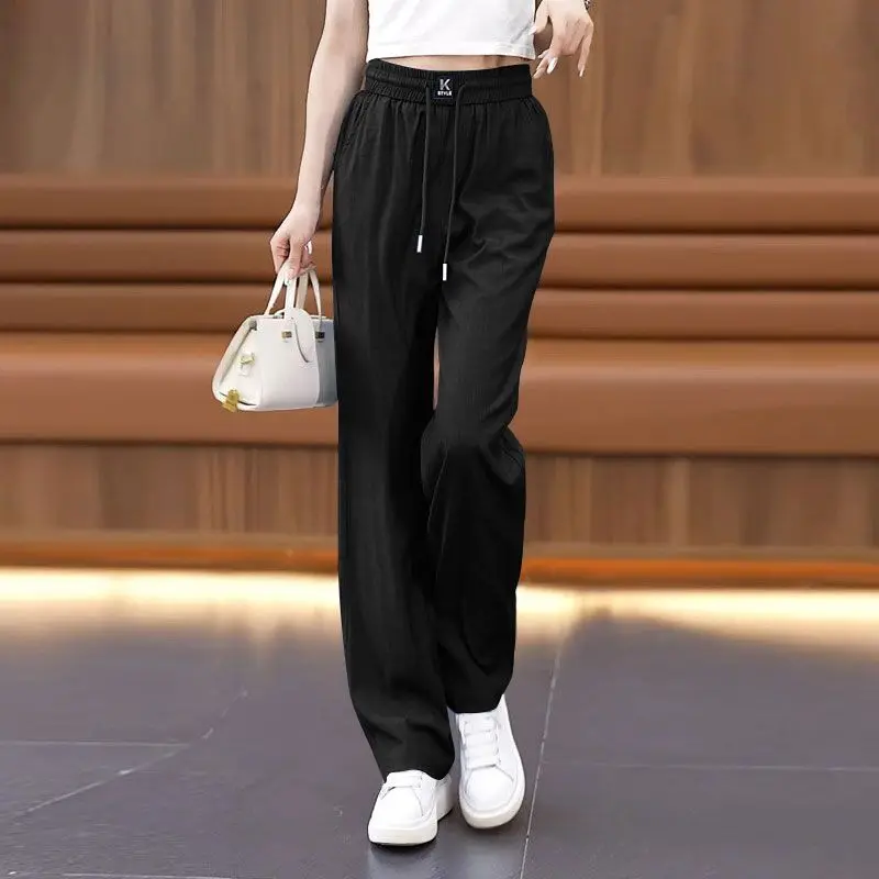 2023 New Women Trousers High Waist Ice Silk Wide-Leg Pants Thin Loose-Fitting Mopping Pants Slimming Large Size Casual Pants