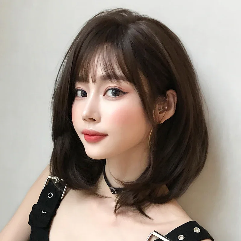 Short Straight Chocolate Brown Bob Wig with Neat Bangs - High Density Synthetic Layered Hair Wig