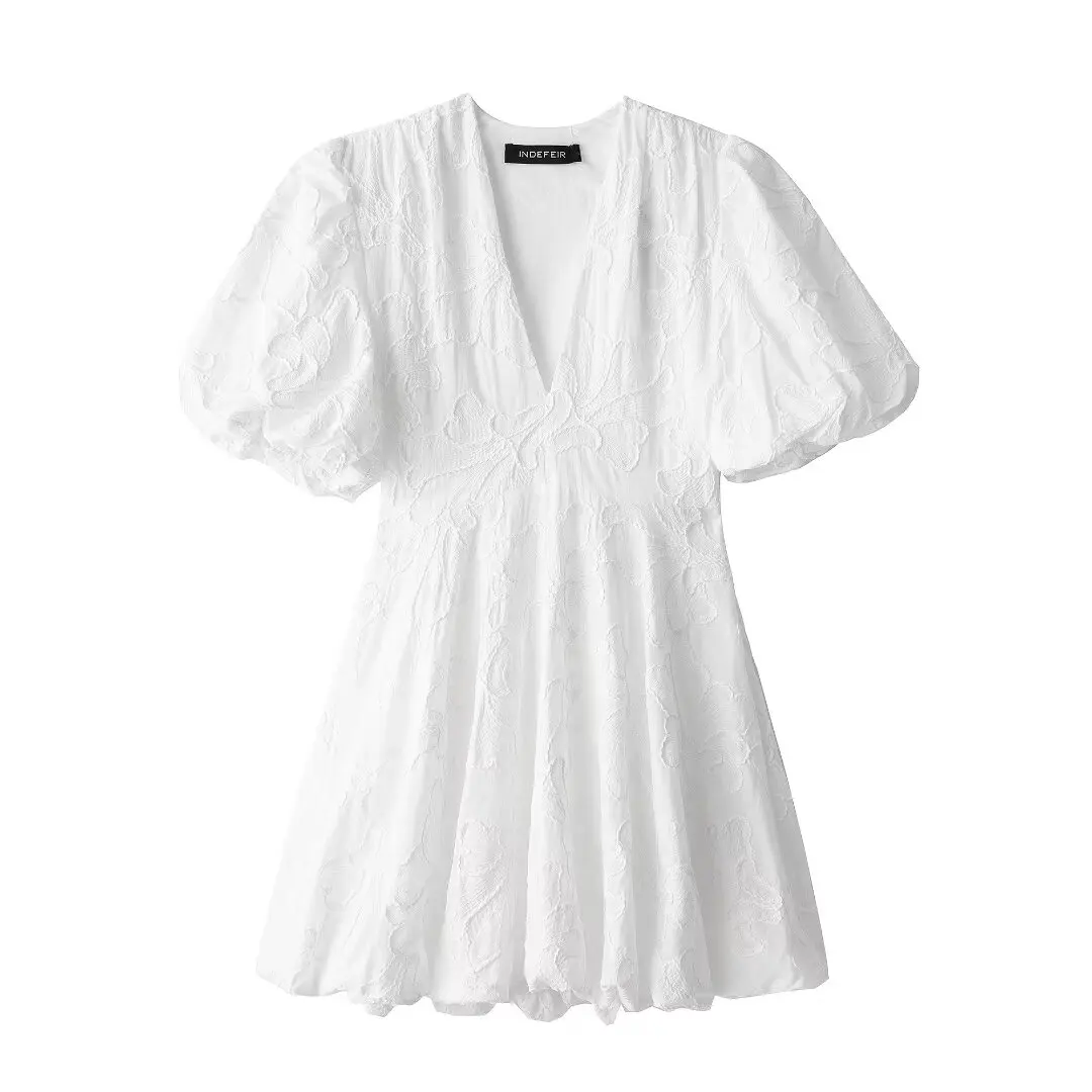 

Women's New Chic Fashion Print Embroidery Decoration Slim V Neck Wide pleated Mini Dress Retro Short sleeved Women's Dress Mujer