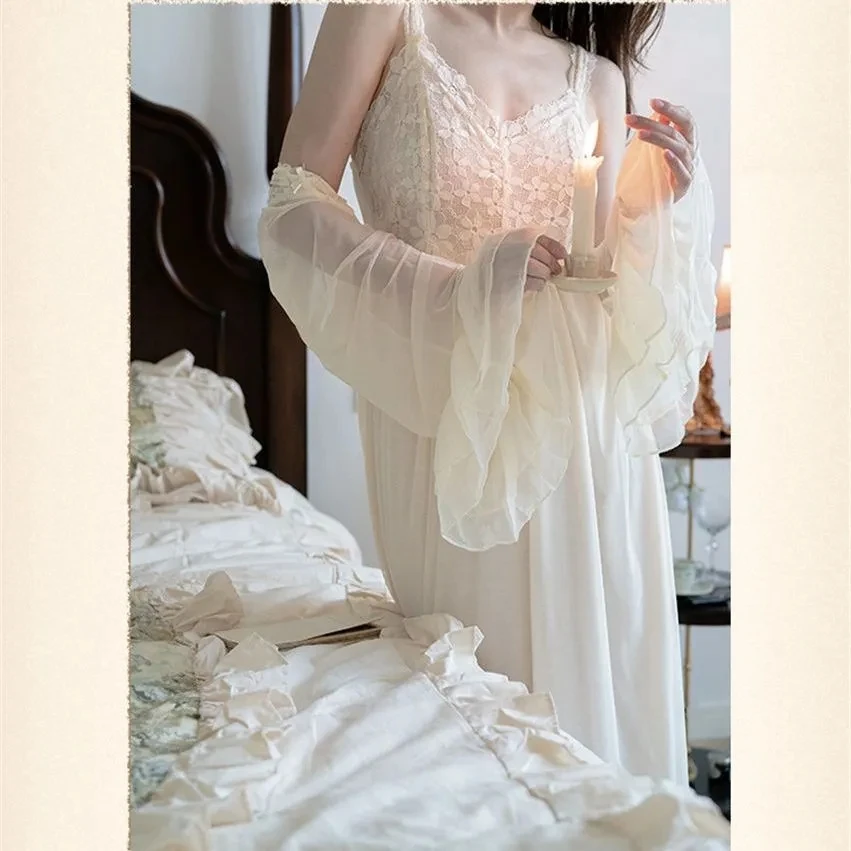섹시한 여자 Nightdress 레이스 공주 잠옷 슬립 빈티지 레이디 여성 2 Pcs 가운 세트 가을 잠옷 잠옷 목욕 가운 홈 세트