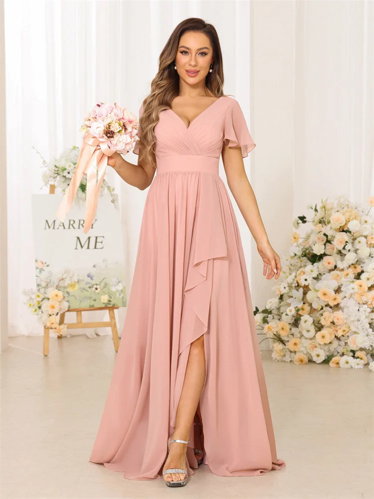 New Product V Neckline Short Cap Sleeves Chiffon Bridesmaid