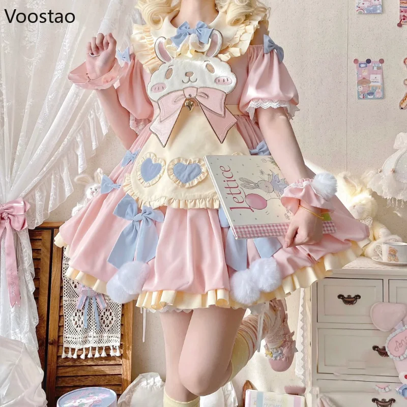 Lolita Dress Japanese Kawaii Lolita OP Dress Women Sweet Cartoon Bunny Bow Princess Party Dress Girls Harajuku Short Sleeve Mini Dress