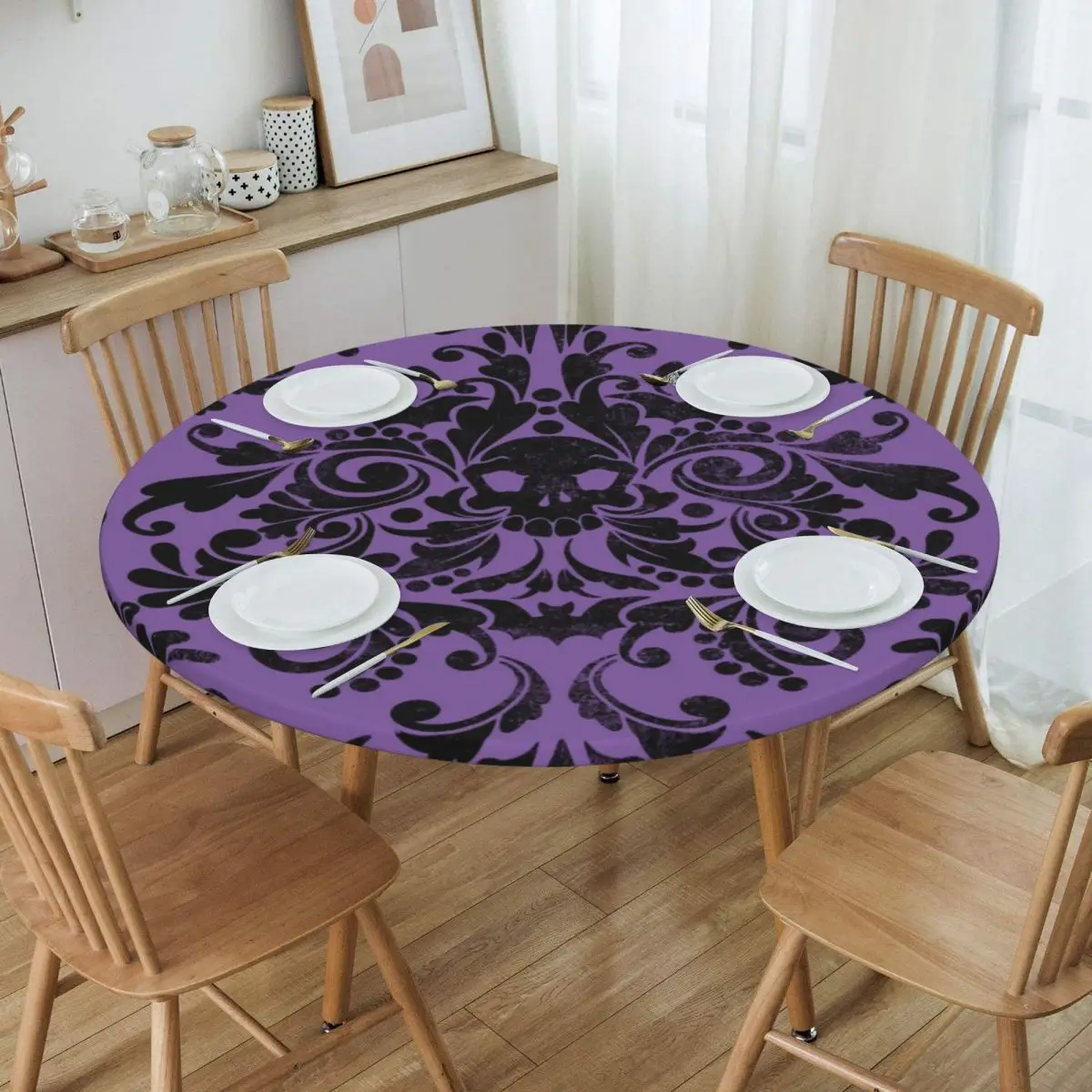 Skull Damask Pattern Tablecloth Round Elastic Fitted Oilproof Halloween Witch Goth Occult Table