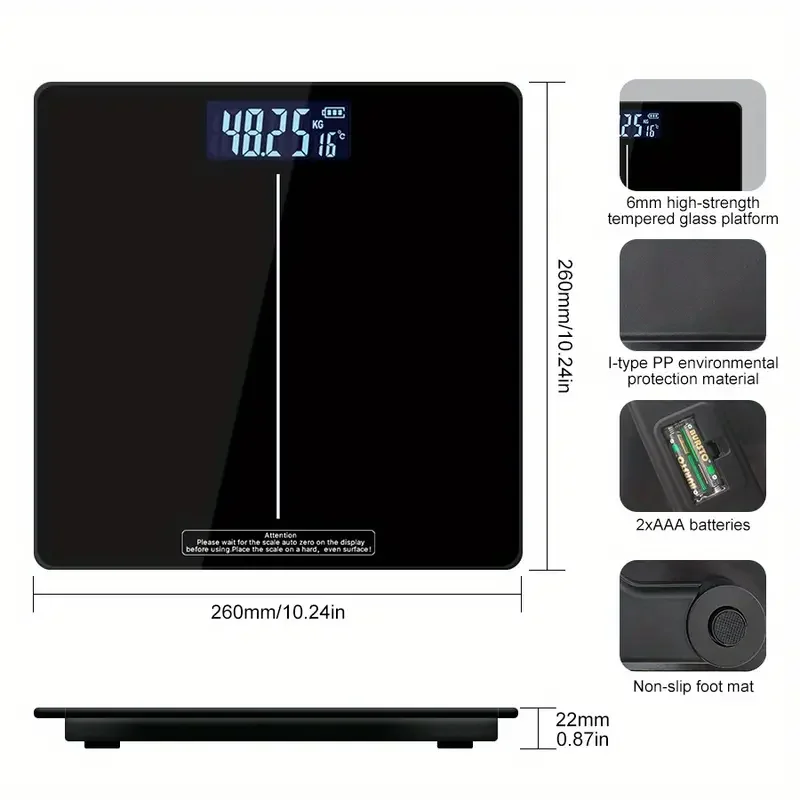 Bilancia digitale da bagno ad alta precisione con display a LED illuminato e design con angoli arrotondati._voghion.com