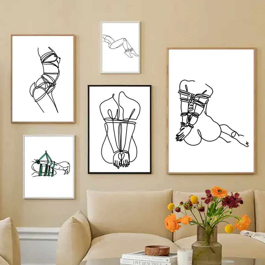 

Sexy Posters Abstract Line Wall Art Print Bind Nude Woman Canvas Painting Adult Products Wall Pictures Living Room Home Decor
