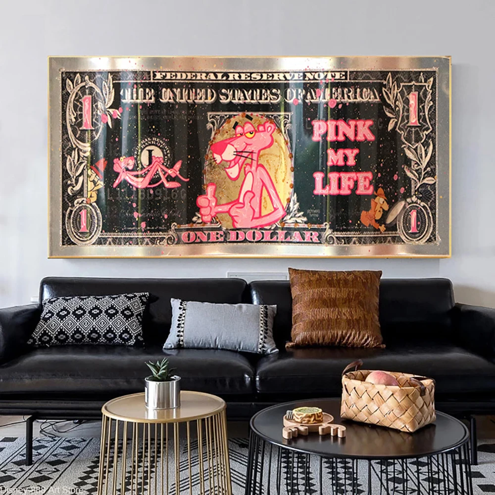 

Graffiti One Dollar Pink Panther Canvas Painting Pink My Life Luxury Poster And Print Money Wall Art Picture Home Decor Cuadros