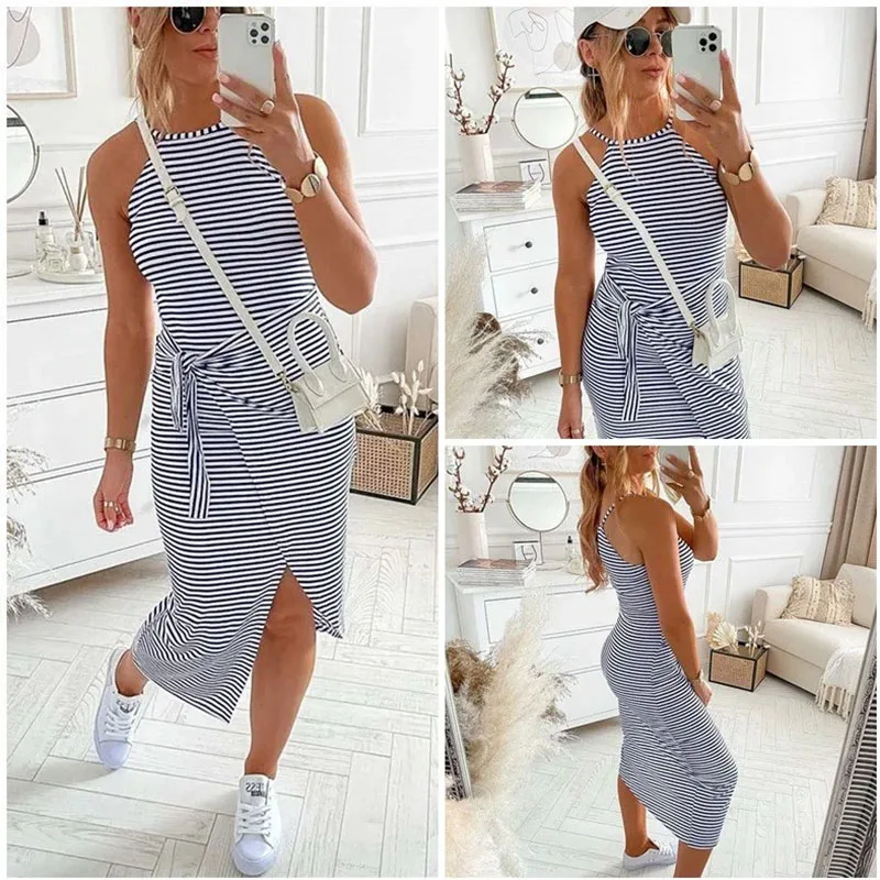 

Casual Sleeveless Striped Midi Dresses Women Sexy Casual Fashion Split Summer Beach Holiday Lace Up Belt Lady Streetwear Clothes