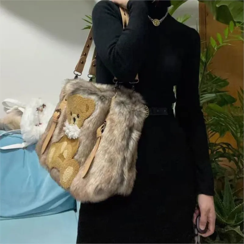 JIAERDI Vintage Bear Plush Y2k Handbag Women Hot Girl Sweet Casual Brown Shoulder Crossbody Bag Female Large Capacity Cute Purse
