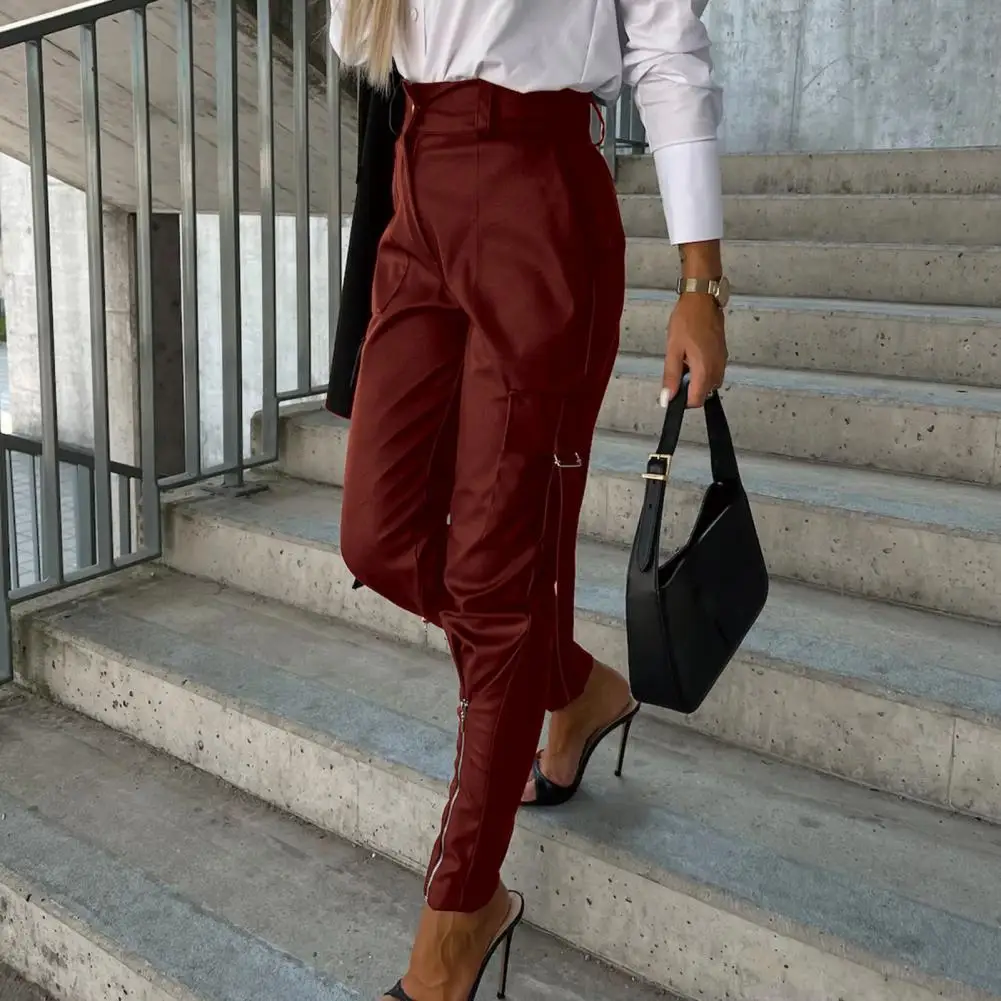 

Curvy Women Pants High Waist Faux Leather Pencil Pants with Zipper Decor Multi Pockets for Women Slim Fit Solid Color for A