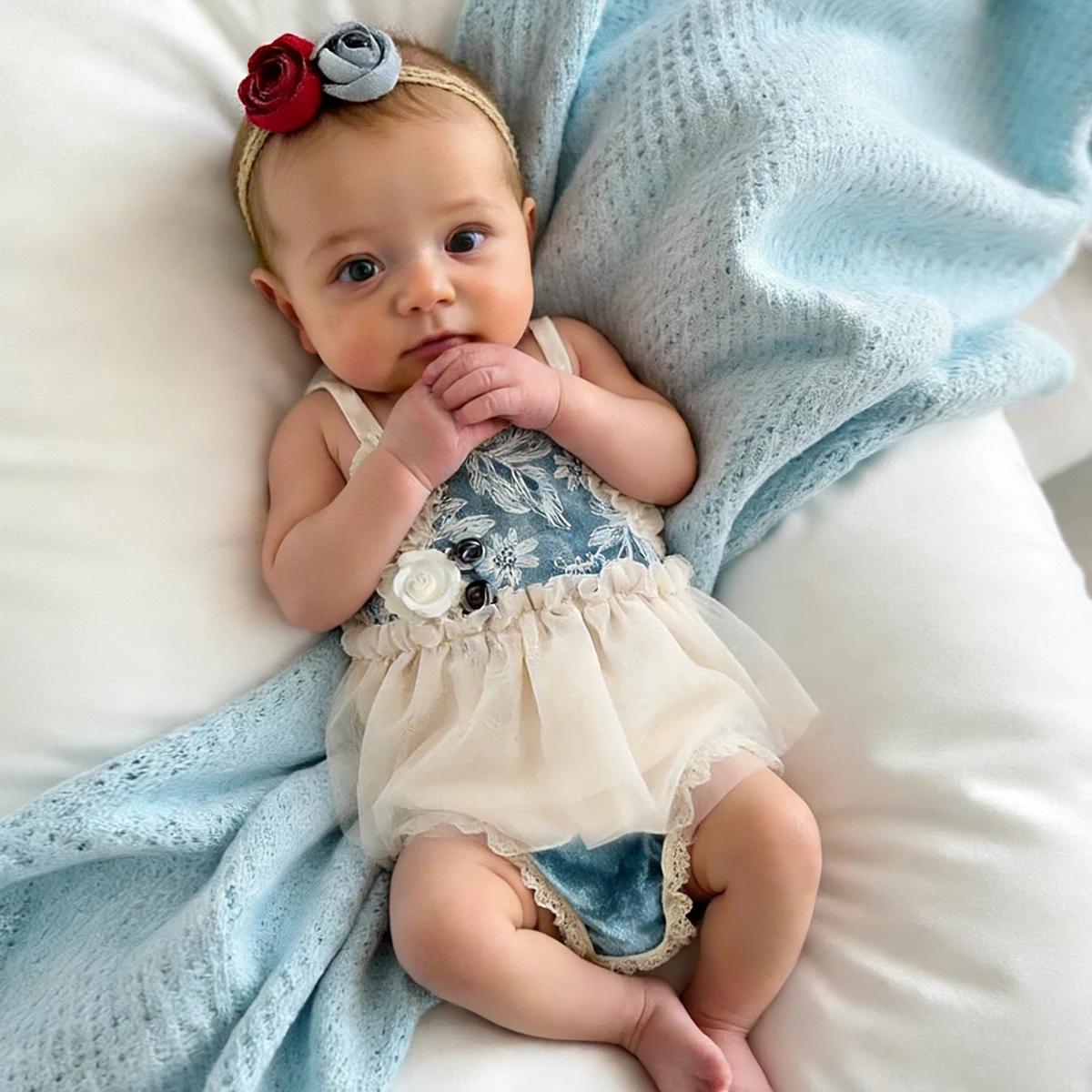 Ylsteed 2 pièces ensemble nouveau-né en mousseline de soie barboteuse + bandeau pour accessoires Photo infantile Rose dentelle tenues pour prise de vue Photo bébé fille accessoires