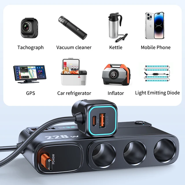 9-in-1 Cigarette Lighter Splitter – 228W USB-C Car Charger Adapter with QC3.0, PD45W Fast Charging, Telescopic Cable, and LED Voltage Display (12V/24V) 5